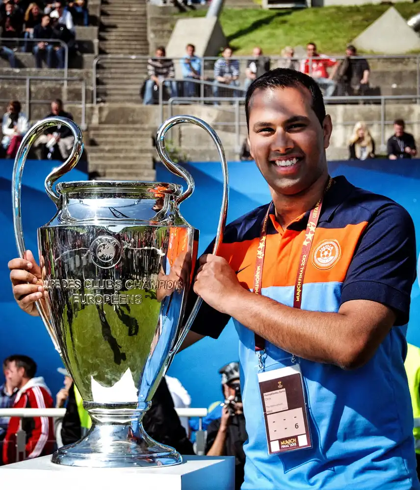 Chris Punnakkattu Daniel with the UEFA Champions League Trophy