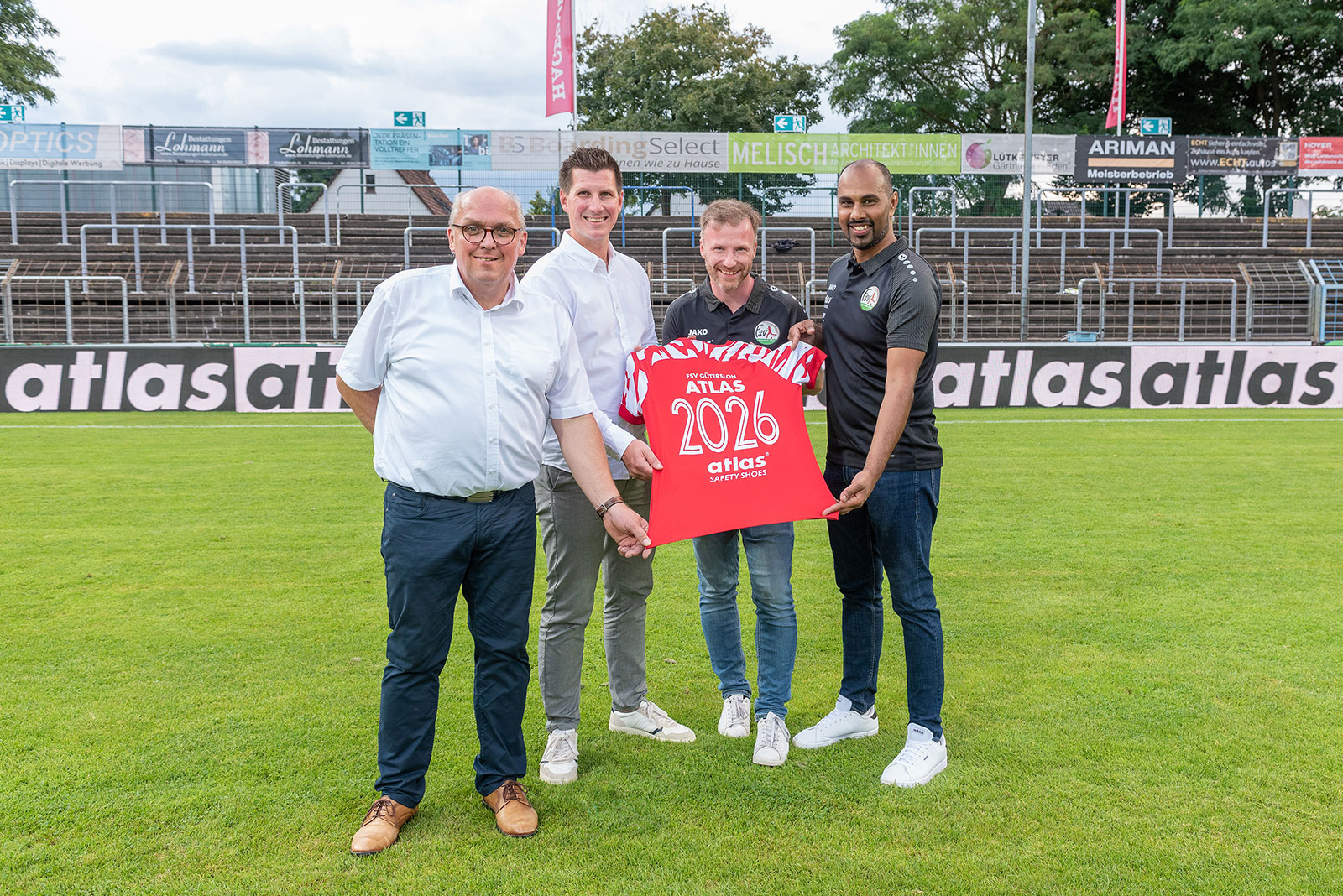 Chris Punnakkattu Daniel with FSV Gütersloh officials Michael Horstkötter and Tobias Neumann alongside ATLAS Safety Shoes marketing head Maximilian Finke.