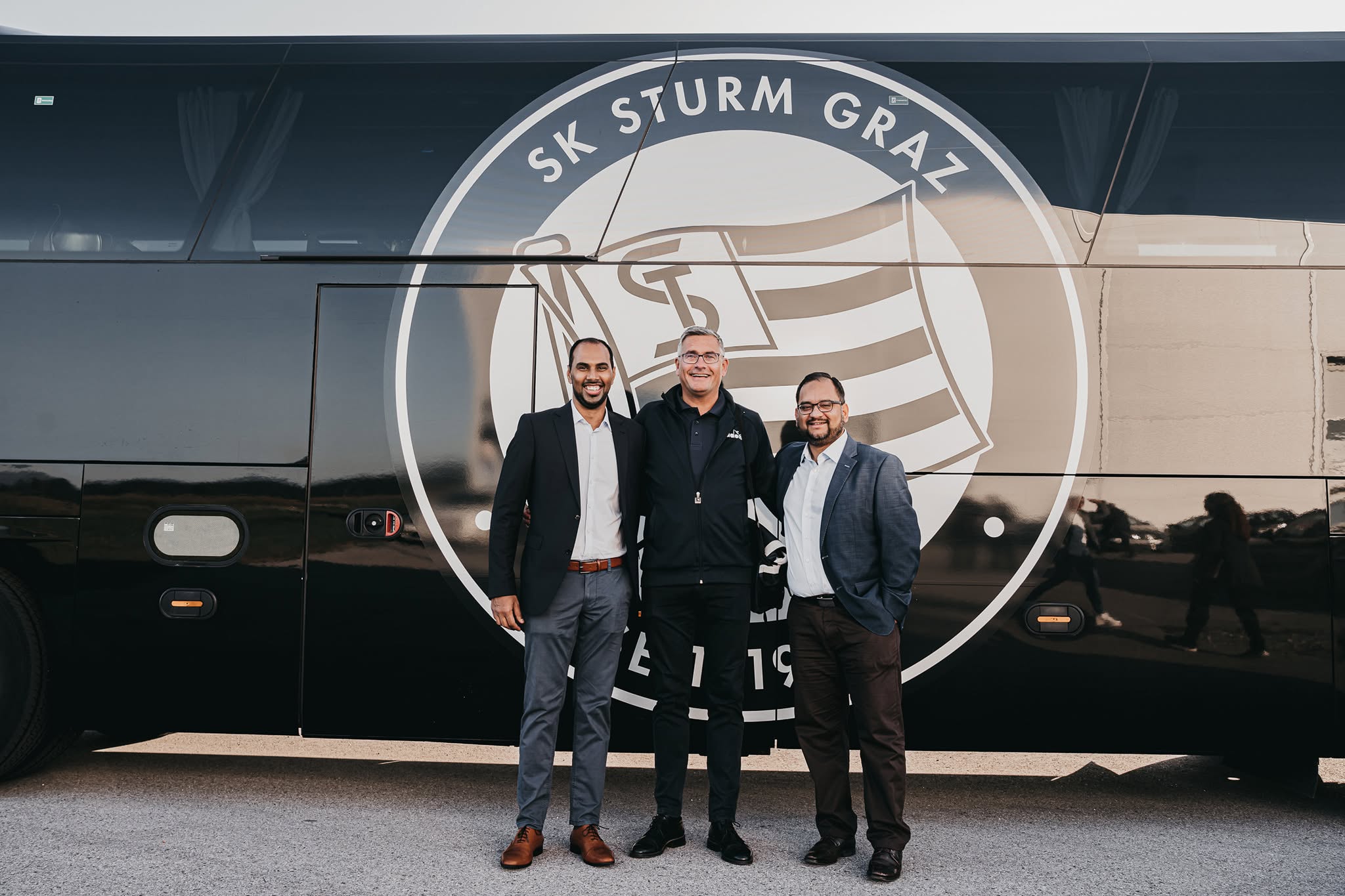 Chris Punnakkattu Daniel catching up with Norway's Viking FK CEO Eirik Henningsen and Arunava Chaudhuri at the sidelines of the Future of Football Business Conference in Graz, Austria. (© Kerstin Kronabether / Football Business Inside)