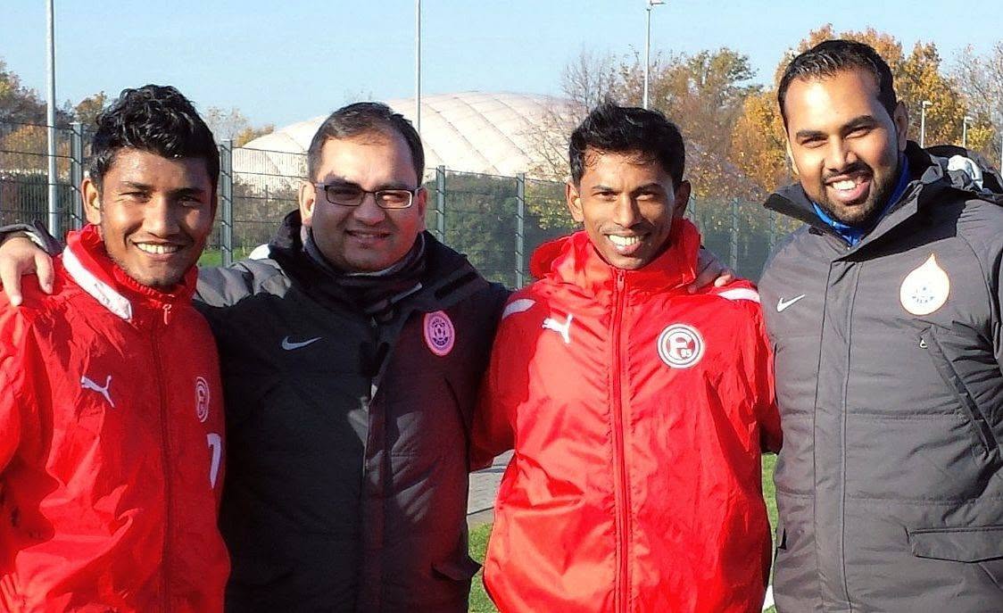 Chris Punnakkattu Daniel hosting Indian national team players Nirmal Chettri and Godwin Franco alongside Arunava Chaudhuri at Fortuna Düsseldorf.